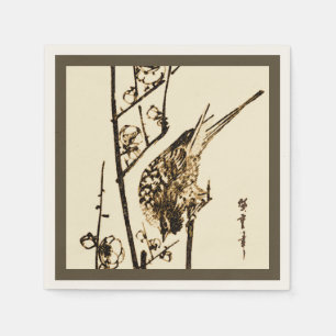 Serviette En Papier Oiseau japonais sur une branche - Brown et beige