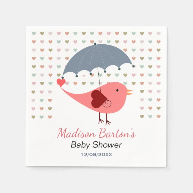 Serviette En Papier Oiseau sous parapluie Baby shower Coeurs pluviants (Devant)