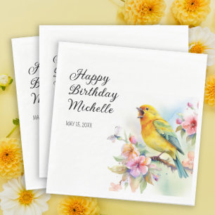 Serviette En Papier Oiseaux Antiques Canaris Fleurs Joyeux Anniversair