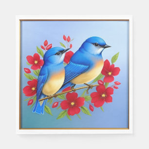 Serviette En Papier Oiseaux bleus colorés perchés parmi les fleurs rou