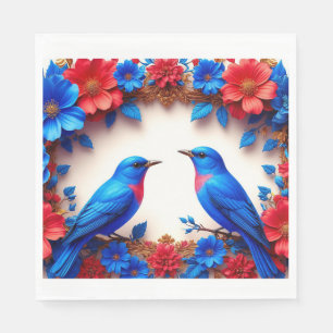Serviette En Papier Oiseaux bleus vibrants se reposant parmi des fleur