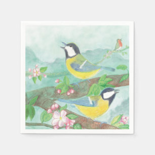 Serviette En Papier Oiseaux chantant sur une branche d'arbre en fleurs