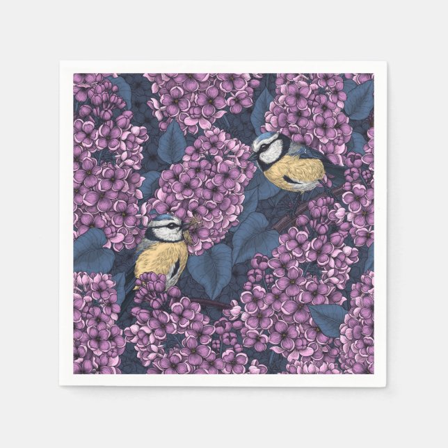 Serviette En Papier Oiseaux dans le jardin violet lilas (Devant)