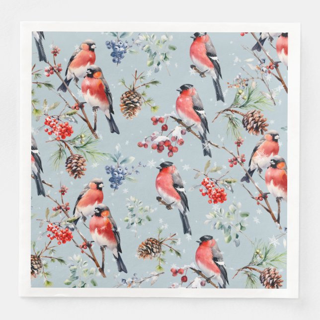 Serviette En Papier Oiseaux de Noël Red Bullfinch Berries & Pine Cônes (Devant)
