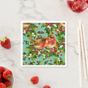 Serviette En Papier Oiseaux de Noël Vintage Holly Faux Motif d'or