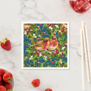 Serviette En Papier Oiseaux de Noël Vintage Holly Faux Motif d'or