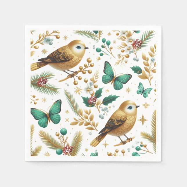 Serviette En Papier Oiseaux dorés et papillons émeraude Fêtes (Devant)