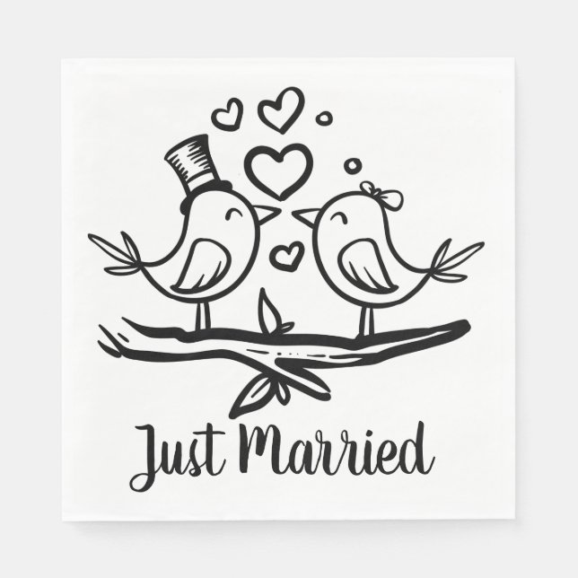 Serviette En Papier Oiseaux Noir Blanc Mariage Lovebirds Juste Marié (Devant)