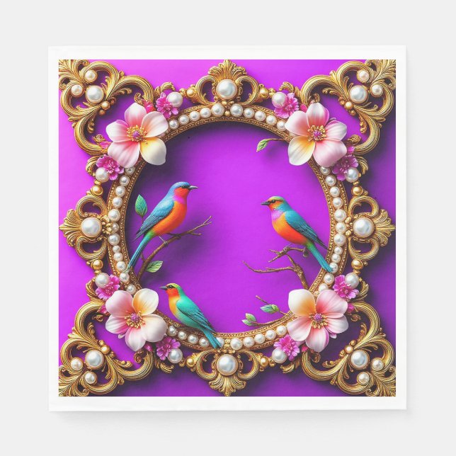 Serviette En Papier Oiseaux Vibrants Posés (Devant)