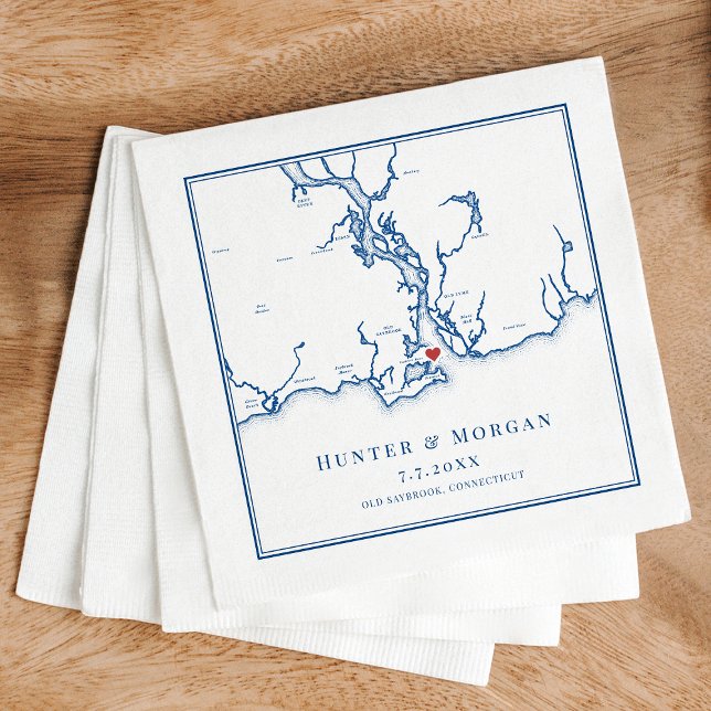 Serviette En Papier Old Saybrook CT Map Élégant Mariage bleu marine (Saybrook Point CT Wedding Map Napkins in elegant navy blue from Coastal Map Designs)