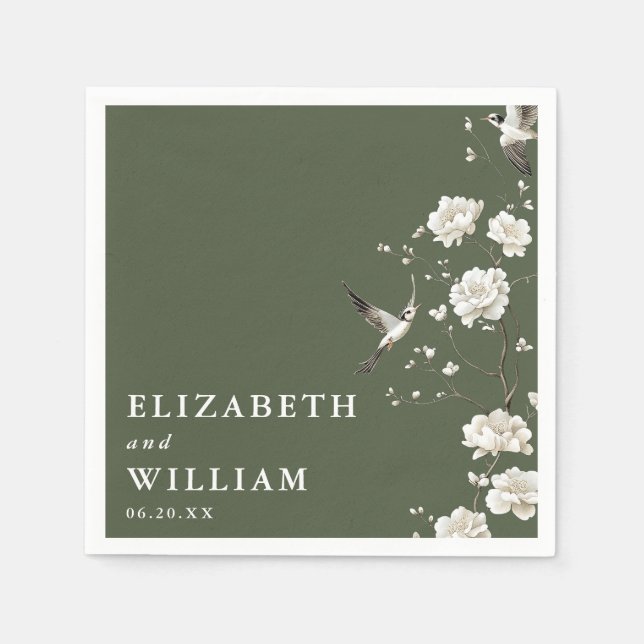 Serviette En Papier Olive Green Élégante Chinoiserie Floral Mariage (Devant)