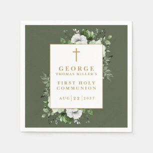 Serviette En Papier Olive Green Rustique Floral Première Communion sai