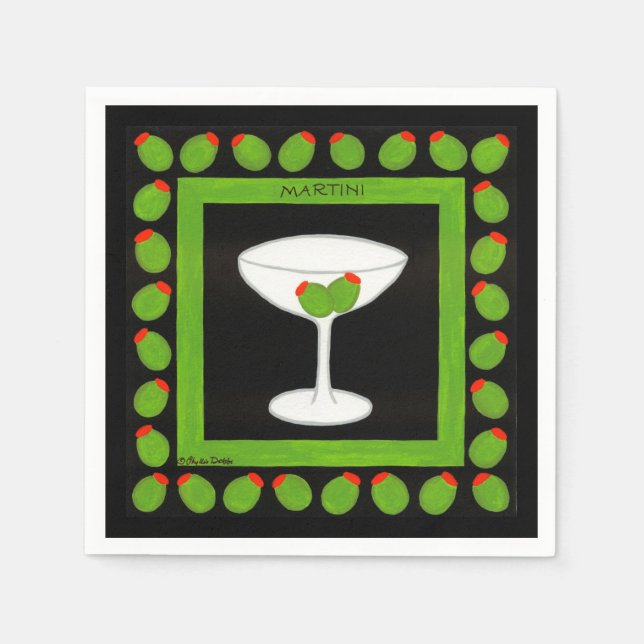 Serviette En Papier Olive Martini Retro Boire Vert Noir Personnalisé (Devant)