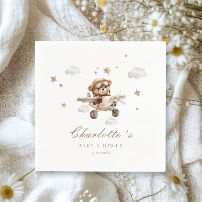 Serviette En Papier On peut attendre! Teddy Bear & Avion (We Can Bearly Wait! Teddy Bear & Airplane White Napkins. Personalized with your name & date.)