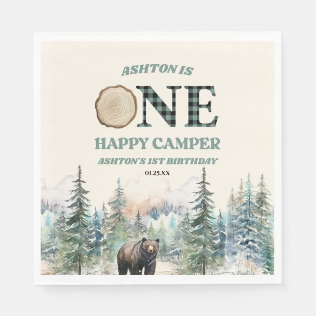 Serviette En Papier ONE Happy Camper Bear 1er anniversaire fête (Devant)