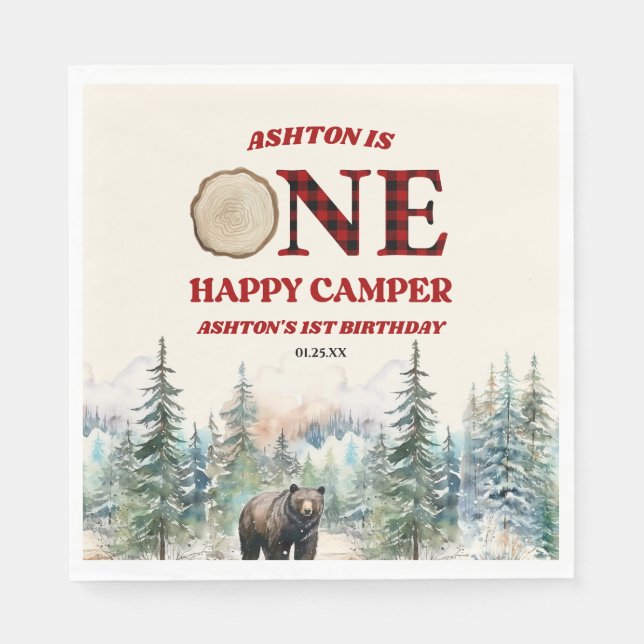 Serviette En Papier ONE Happy Camper Bear Rouge 1er anniversaire fête (Devant)