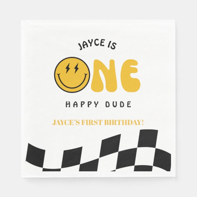 Serviette En Papier One Happy Dude 1st Birthday Checkered Luncheon Nap (Devant)