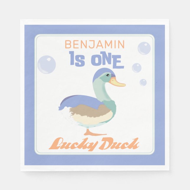 Serviette En Papier One Lucky Duck &  Bubbles Premier Anniversaire Pas (Devant)