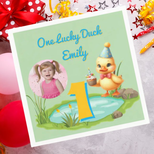 Serviette En Papier One Lucky Duck Kids 1st Birthday Photo (Créateur téléchargé)