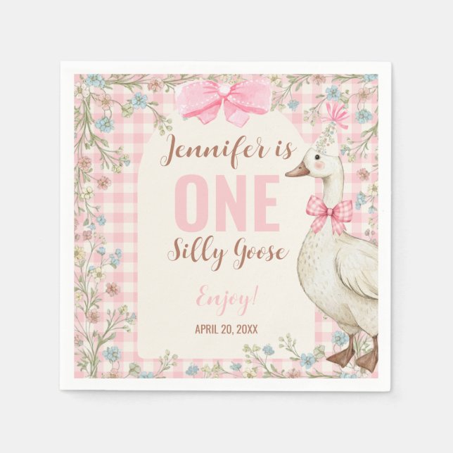 Serviette En Papier One Silly Goose Birthday Pink Gingham  (Devant)