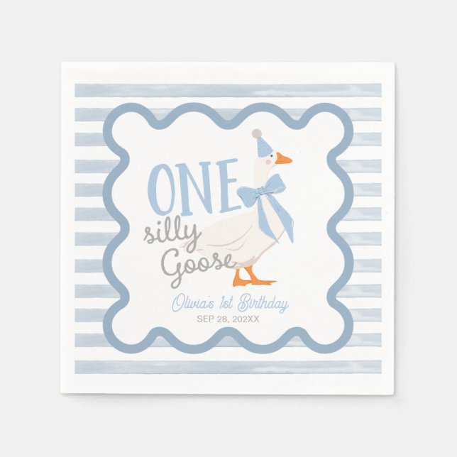 Serviette En Papier One Silly Goose Blue Bow 1st Birthday (Devant)