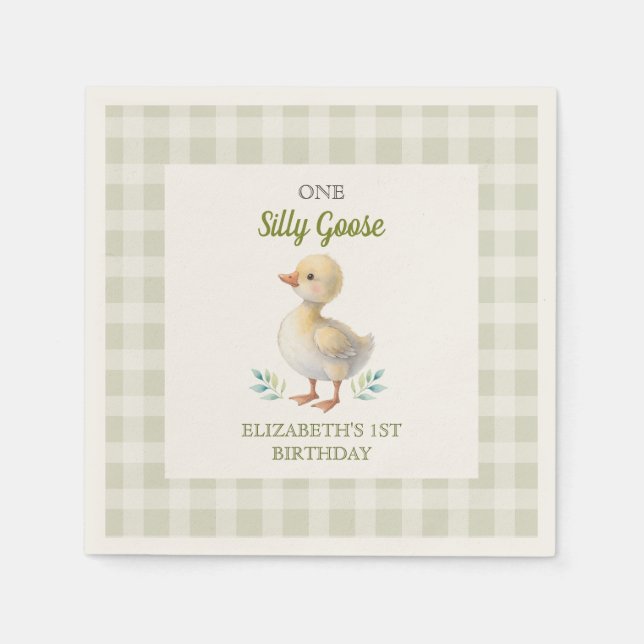 Serviette En Papier One Silly Goose Green Gingham Baby First Birthday (Devant)