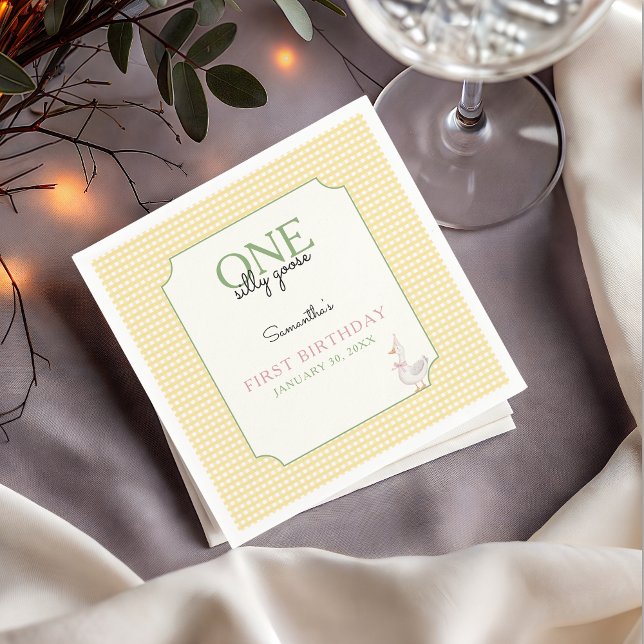 Serviette En Papier One Silly Goose Pink and Gingham 1st Birthday (Silly Goose Birthday Party Napkin)