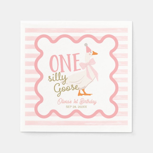 Serviette En Papier One Silly Goose Pink Bow 1st Birthday (Devant)