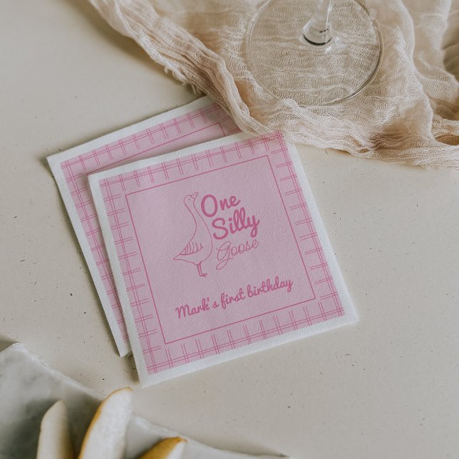 Serviette En Papier One Silly Goose Pink Hand Drawn Girl 1st Birthday  (Créateur téléchargé)