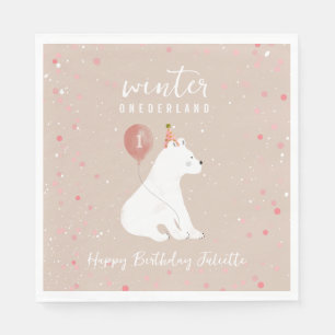 Serviette En Papier Onederland Pink Polar Bear 1er anniversaire