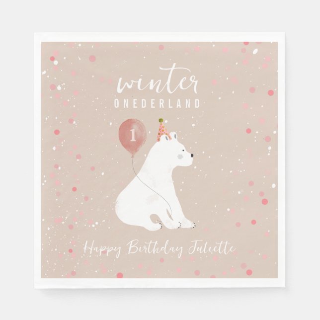 Serviette En Papier Onederland Pink Polar Bear 1er anniversaire (Devant)