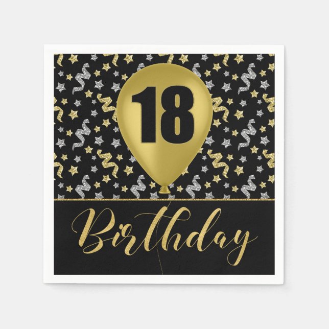 Serviette En Papier Or 18 Anniversaire en or et argent sur noir (Devant)