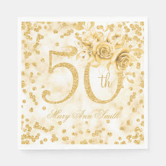Serviette En Papier Or 50e anniversaire Floral Marbre moderne