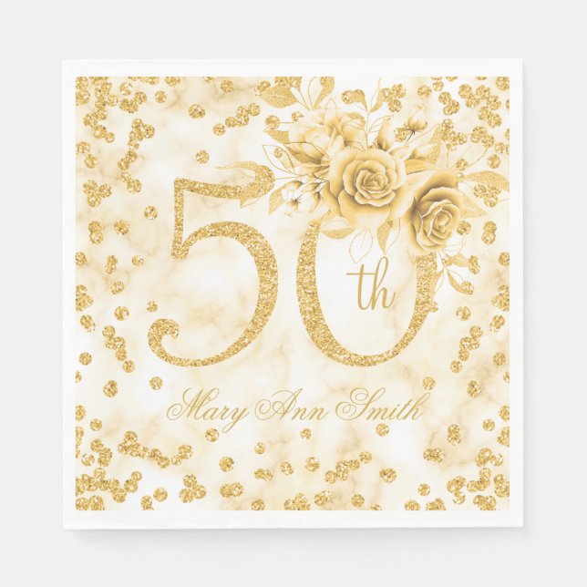 Serviette En Papier Or 50e anniversaire Floral Marbre moderne (Devant)