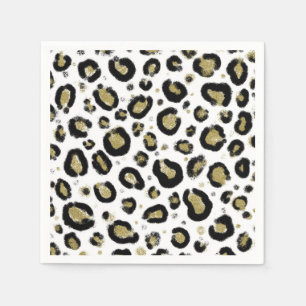 Serviette En Papier Or Blanc Pailleté & Imprimé Léopard Guépard Noir