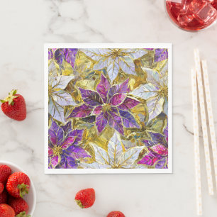 Serviette En Papier Or Blanc Rose Violet Noël Poinsettias