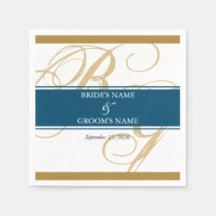 Serviette En Papier Or Bleu Élégant Monogramme Mariage en Écriture