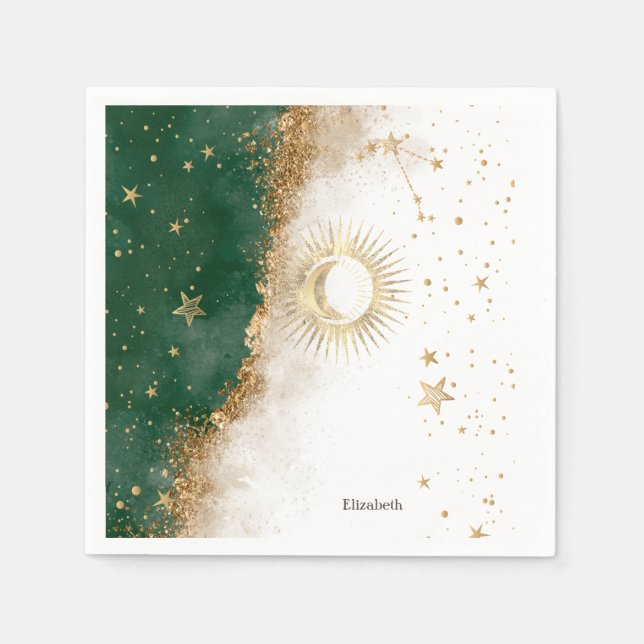 Serviette En Papier Or Céleste Soleil Et Lune Étoiles Vert (Devant)