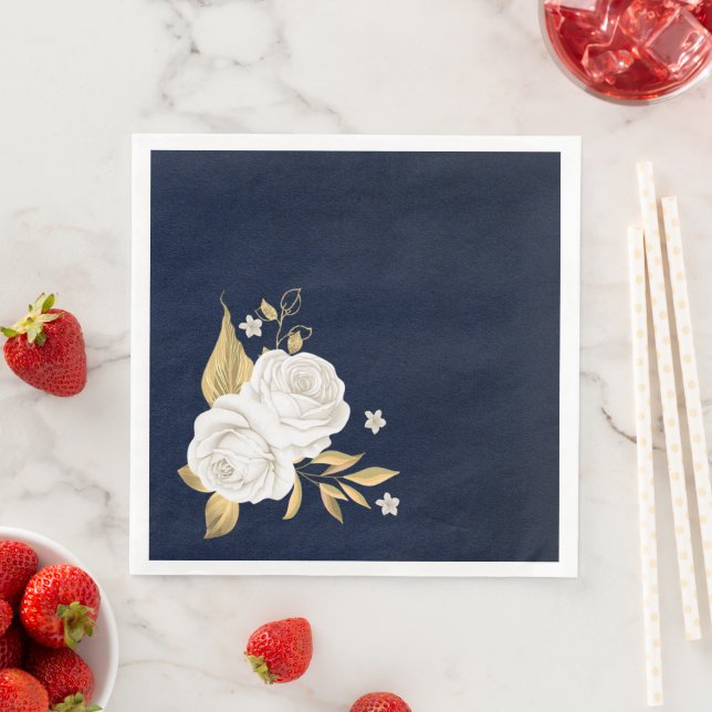 Serviette En Papier or de fleur blanche marine feuille bleu (En situation)