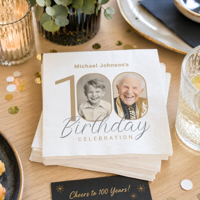 Serviette En Papier Or Élégant Photo Personnalisée 100e Anniversaire (Gold Elegant Custom Photo 100th Birthday Napkins)