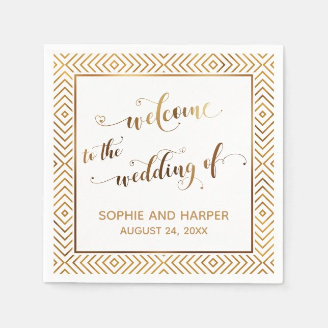 Serviette En Papier Or et blanc Bienvenue au Mariage de (Devant)