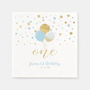 Serviette En Papier Or et Bleu Ballons, Confettis Garçon 1er Anniver