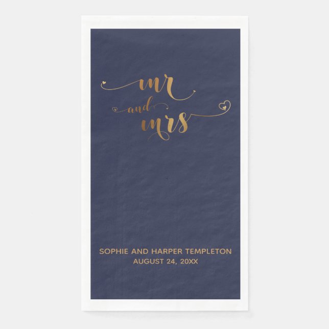 Serviette En Papier Or et bleu marine M. et Mme Calligraphy w Hearts (Devant)