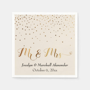 Serviette En Papier Or et Crème Mr & Mrs Cœur Écriture Confettis