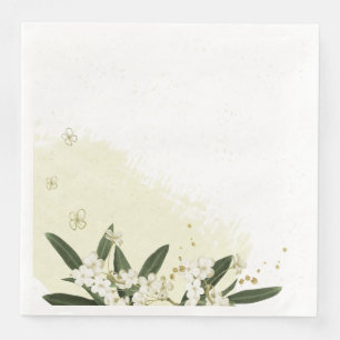 Serviette En Papier or et fleurs blanches vert feuille mariage
