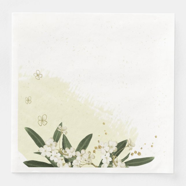 Serviette En Papier or et fleurs blanches vert feuille mariage (Devant)