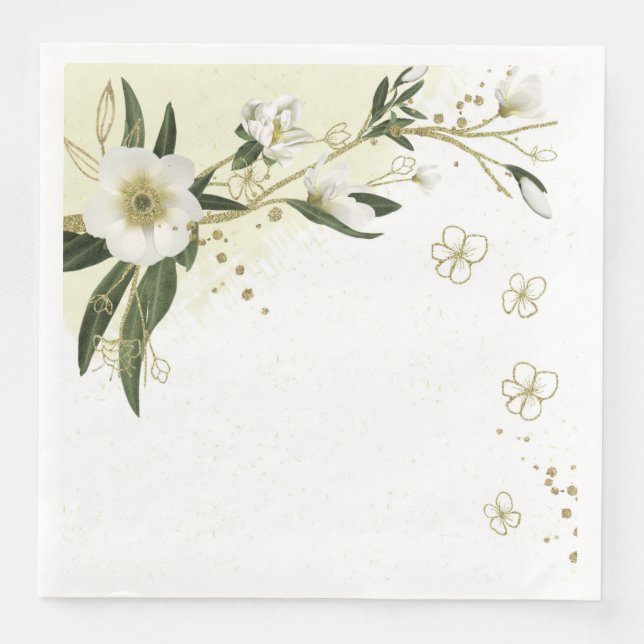 Serviette En Papier or et fleurs blanches vert feuille mariage (Devant)