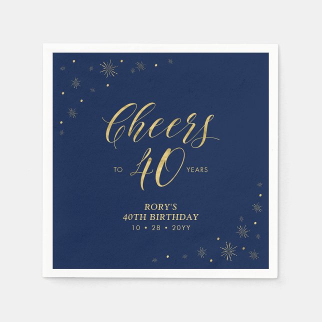 Serviette En Papier Or et marine | Modern Cheers 40th Birthday Party (Devant)