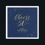 Serviette En Papier Or et marine | Modern Cheers 50th Birthday Party<br><div class="desc">Cette serviette en papier personnalisée ajoutera des détails élégants à votre journée spéciale. Ce design présente des graphismes étincelants et de la typographie "Cheers to 50 years" en texture feuille or sur un arrière - plan bleu marine. Parfait pour une soirée dorée moderne à thème 50ème anniversaire. Les invitations et...</div>