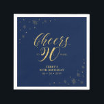 Serviette En Papier Or et marine | Modern Cheers 90th Birthday Party<br><div class="desc">Cette serviette en papier personnalisée ajoutera des détails élégants à votre journée spéciale. Ce design présente des graphismes étincelants et de la typographie "Cheers to 90 years" en texture feuille or sur un arrière - plan bleu marine. Parfait pour une soirée dorée moderne à thème 90ème anniversaire. Les invitations et...</div>